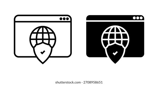 Conjunto de iconos de explorador protegido. Ilustración gráfica del icono de protección de seguridad de red global. Escudo de protección de datos con ventana del navegador para una conexión segura. Ilustración vectorial sobre fondo blanco.