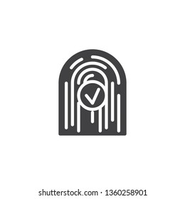 Protected by fingerprint vector icon. filled flat sign for mobile concept and web design. Finger print with check mark glyph icon. Cyber security symbol, logo illustration. Vector graphics