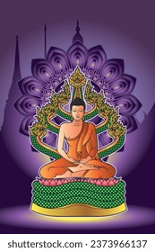 Protected by Naga King (Pang Nak Prok)
The Saturday Buddha image is sitting in a full lotus position in meditation on the coiled body of the naga Muchalinda that uses its head as a cover against rain.