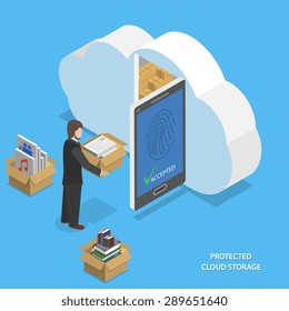 Protected cloud storage flat isometric vector concept. Man places his data to protected cloud storage via smartphone or tablet.