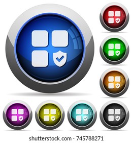 Protected component icons in round glossy buttons with steel frames