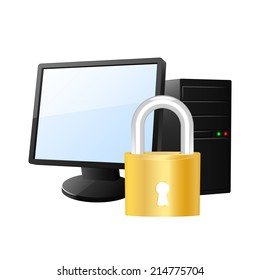 Protected computer icon. Vector illustration.