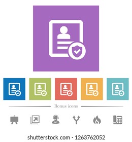 Protected contact flat white icons in square backgrounds. 6 bonus icons included.