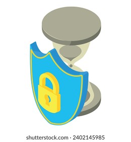 Protected crypto icon isometric vector. Shield with padlock image near hourglass. Digital money, virtual currency, e cash