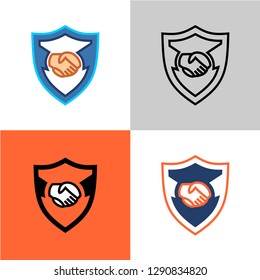 Protected deal icon. Two hands in handshake with shield silhouette. Trusted cooperation.