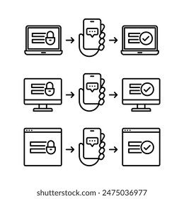 Protected devices on screen with two factor authentication. Simple line icon. Isolate on white background. Vector.