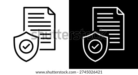 Protected document with shield icon set, secure file and privacy vector icon in black and white