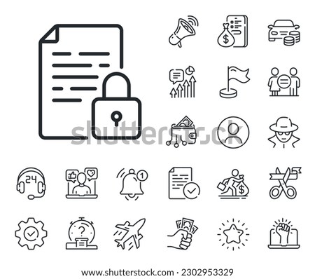 Protected document sign. Salaryman, gender equality and alert bell outline icons. Lock line icon. Padlock file symbol. Lock line sign. Spy or profile placeholder icon. Online support, strike. Vector