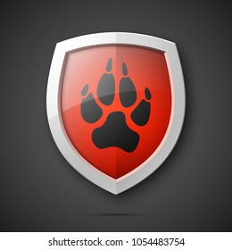 Protected dog track guard shield. Safety badge animal paw icon. Privacy predator track banner shield. Security animal label. Presentation dogs sticker shape. Vector defense safeguard dog shield sign