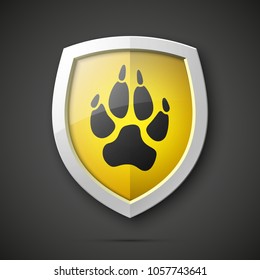 Protected dog track guard shield. Safety badge animal paw icon. Privacy predator track banner shield. Security animal label. Presentation dogs sticker shape. Vector defense safeguard dog shield sign