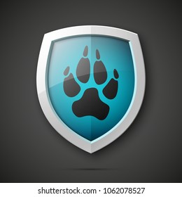 Protected dog track guard shield. Safety badge animal paw icon. Privacy predator track banner shield. Security animal label. Presentation dogs sticker shape. Vector defense safeguard dog shield sign