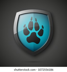 Protected dog track guard shield. Safety badge animal paw icon. Privacy predator track banner shield. Security animal label. Presentation dogs sticker shape. Vector defense safeguard dog shield sign