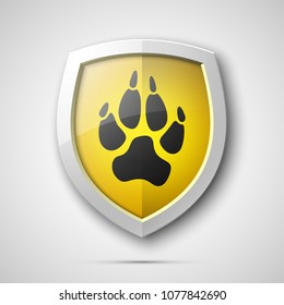 Protected dog track guard shield. Safety badge animal paw icon. Privacy predator track banner shield. Security animal label. Presentation dogs sticker shape. Vector defense safeguard dog shield sign