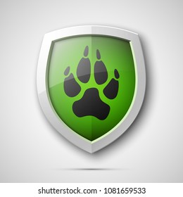 Protected dog track guard shield. Safety badge animal paw icon. Privacy predator track banner shield. Security animal label. Presentation dogs sticker shape. Vector defense safeguard dog shield sign