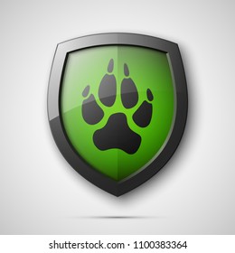 Protected dog track guard shield. Safety badge animal paw icon. Privacy predator track banner shield. Security animal label. Presentation dogs sticker shape. Vector defense safeguard dog shield sign