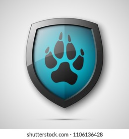 Protected dog track guard shield. Safety badge animal paw icon. Privacy predator track banner shield. Security animal label. Presentation dogs sticker shape. Vector defense safeguard dog shield sign