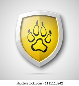 Protected dog track guard shield. Safety badge animal paw icon. Privacy predator track banner shield. Security animal label. Presentation dogs sticker shape. Vector defense safeguard dog shield sign