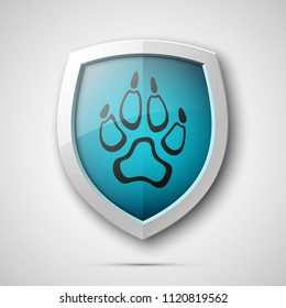 Protected dog track guard shield. Safety badge animal paw icon. Privacy predator track banner shield. Security animal label. Presentation dogs sticker shape. Vector defense safeguard dog shield sign