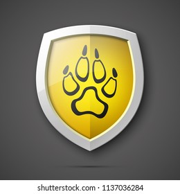 Protected dog track guard shield. Safety badge animal paw icon. Privacy predator track banner shield. Security animal label. Presentation dogs sticker shape. Vector defense safeguard dog shield sign
