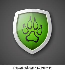 Protected dog track guard shield. Safety badge animal paw icon. Privacy predator track banner shield. Security animal label. Presentation dogs sticker shape. Vector defense safeguard dog shield sign