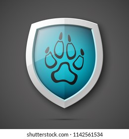 Protected dog track guard shield. Safety badge animal paw icon. Privacy predator track banner shield. Security animal label. Presentation dogs sticker shape. Vector defense safeguard dog shield sign