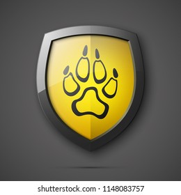 Protected dog track guard shield. Safety badge animal paw icon. Privacy predator track banner shield. Security animal label. Presentation dogs sticker shape. Vector defense safeguard dog shield sign