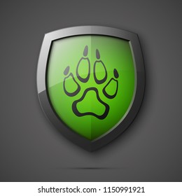 Protected dog track guard shield. Safety badge animal paw icon. Privacy predator track banner shield. Security animal label. Presentation dogs sticker shape. Vector defense safeguard dog shield sign