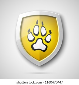 Protected dog track guard shield. Safety badge animal paw icon. Privacy predator track banner shield. Security animal label. Presentation dogs sticker shape. Vector defense safeguard dog shield sign