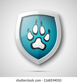 Protected dog track guard shield. Safety badge animal paw icon. Privacy predator track banner shield. Security animal label. Presentation dogs sticker shape. Vector defense safeguard dog shield sign