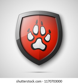 Protected dog track guard shield. Safety badge animal paw icon. Privacy predator track banner shield. Security animal label. Presentation dogs sticker shape. Vector defense safeguard dog shield sign