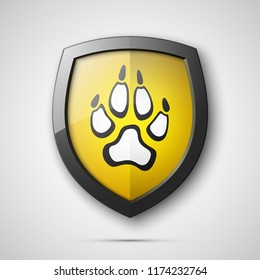 Protected dog track guard shield. Safety badge animal paw icon. Privacy predator track banner shield. Security animal label. Presentation dogs sticker shape. Vector defense safeguard dog shield sign