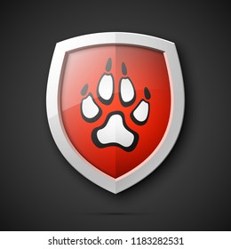Protected dog track guard shield. Safety badge animal paw icon. Privacy predator track banner shield. Security animal label. Presentation dogs sticker shape. Vector defense safeguard dog shield sign