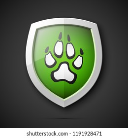 Protected dog track guard shield. Safety badge animal paw icon. Privacy predator track banner shield. Security animal label. Presentation dogs sticker shape. Vector defense safeguard dog shield sign