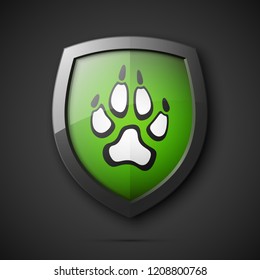 Protected dog track guard shield. Safety badge animal paw icon. Privacy predator track banner shield. Security animal label. Presentation dogs sticker shape. Vector defense safeguard dog shield sign