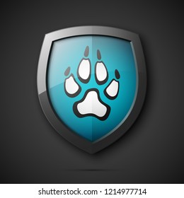 Protected dog track guard shield. Safety badge animal paw icon. Privacy predator track banner shield. Security animal label. Presentation dogs sticker shape. Vector defense safeguard dog shield sign