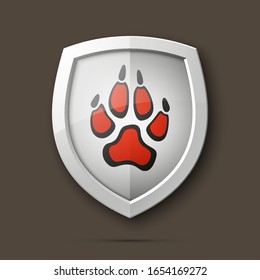 Protected dog track guard shield. Safety badge animal paw icon. Privacy predator track banner shield. Security animal label. Presentation dogs sticker shape. defense safeguard dog shield sign