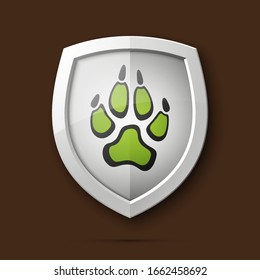 Protected dog track guard shield. Safety badge animal paw icon. Privacy predator track banner shield. Security animal label. Presentation dogs sticker shape. defense safeguard dog shield sign