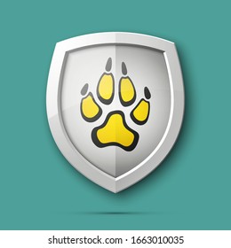 Protected dog track guard shield. Safety badge animal paw icon. Privacy predator track banner shield. Security animal label. Presentation dogs sticker shape. defense safeguard dog shield sign
