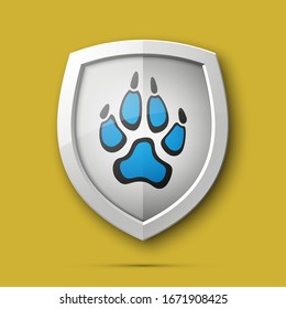 Protected dog track guard shield. Safety badge animal paw icon. Privacy predator track banner shield. Security animal label. Presentation dogs sticker shape. defense safeguard dog shield sign