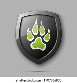 Protected dog track guard shield. Safety badge animal paw icon. Privacy predator track banner shield. Security animal label. Presentation dogs sticker shape. defense safeguard dog shield sign