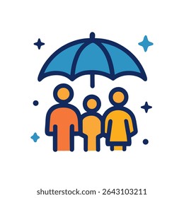 Protected family under a blue umbrella. Icon symbol illustration