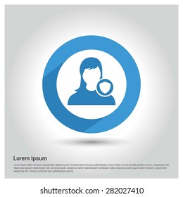 Protected Female User Shield icon, Circle Long shadow pictogram icon on gray background.