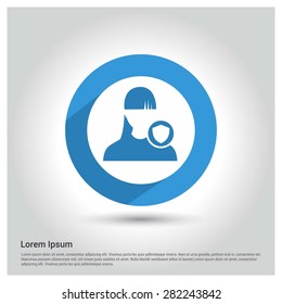 protected female user shield icon, Circle Long shadow pictogram icon on gray background.