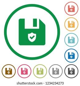 Protected file flat color icons in round outlines on white background
