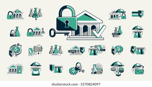 Protected finances vector detailed icons set, insurance and account privacy risk, secured money and transactions, financial safety.