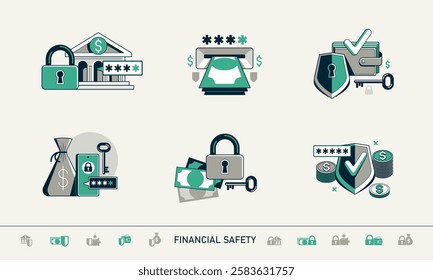 Protected finances vector detailed icons set, insurance and account privacy risk, secured money and transactions, financial safety.