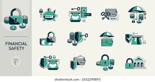 Protected finances vector detailed icons set, insurance and account privacy risk, secured money and transactions, financial safety.