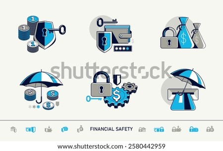 Protected finances vector detailed icons set, insurance and account privacy risk, secured money and transactions, financial safety.