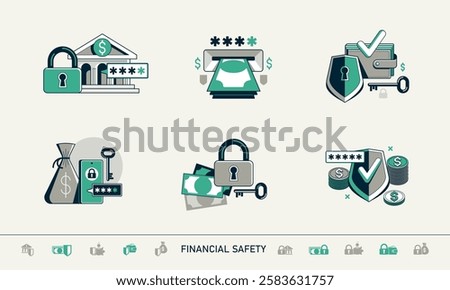 Protected finances vector detailed icons set, insurance and account privacy risk, secured money and transactions, financial safety.