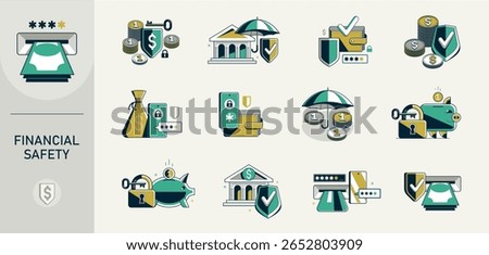 Protected finances vector detailed icons set, insurance and account privacy risk, secured money and transactions, financial safety.